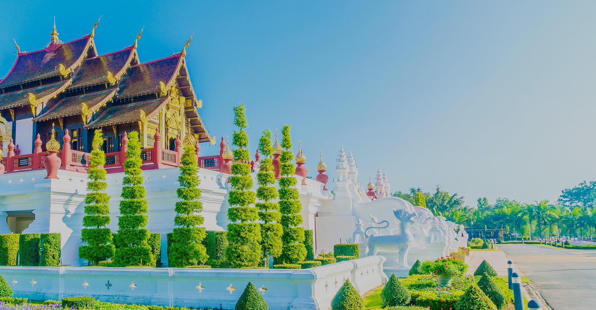 A Captivating Landscape Photo of a Thai Temple, Adorned with Lush Plants and Statues, with the Gold Gleaming Under the Sun.